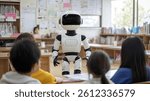 A humanoid robot teaching a diverse group of children in a classroom, illustrating the integration of technology in modern education and emphasizing the future of AI in learning.