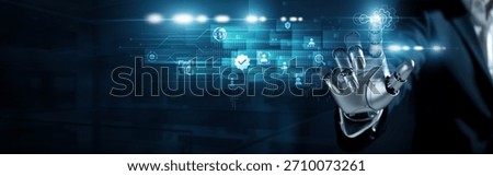 Humanoid robot touch access management concept. Secure digital identity control, authentication, and authorization ensuring data protection and privacy in intelligent system networks.