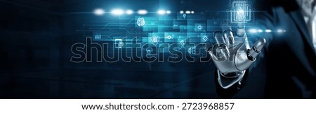 Humanoid robot touch artificial intelligence concept. Smart algorithms learning, analyzing, and optimizing decisions across robotics, automation, and next-generation cognitive technologies.