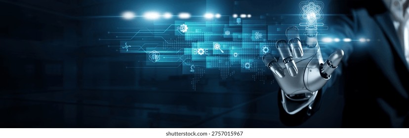 Humanoid robot touch computer science concept. Integration of algorithms, robotics, and data systems advancing computational innovation, digital transformation, and artificial intelligence.