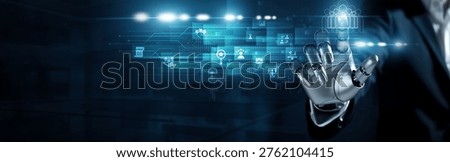 Humanoid robot touch customer relationship management concept. AI-driven tools enhancing engagement, loyalty, and personalized experiences through data-driven customer insights.
