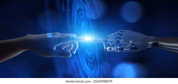 Human-Robot Interaction, AI, Machine Learning and Neural Networks as Digital Transformation concept.