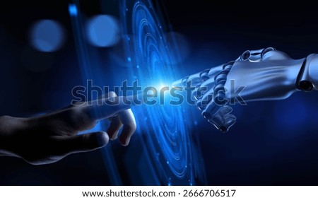 Human-Robot Interaction, AI, Machine Learning and Neural Networks as Digital Transformation concept.