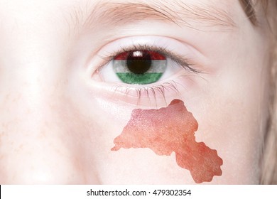 human's face with national flag and map of kurdistan. concept