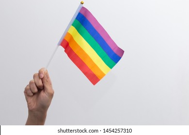 The human's hand is holding LGBT flag with white background, LGBT pride concept. - Powered by Shutterstock