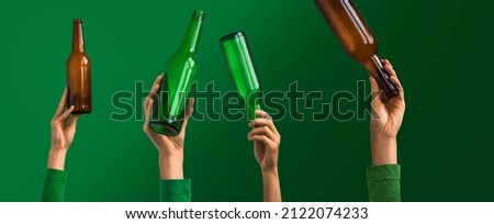 Humans hand shows used recyclable packages materials of bottle glass transparent. Many glass bottles separe and prepared for recycling. Concept of responsible, care and save the world. Wide banner.