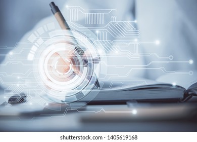 Human's hands with data theme double exposure background drawings. Concept of big data.