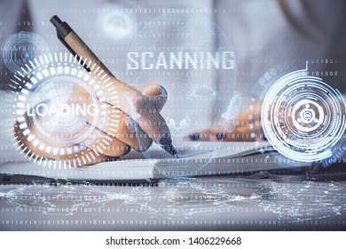 Human's hands with data theme double exposure background drawings. Concept of big data.