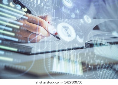 Human's hands with data theme double exposure background drawings. Concept of big data.