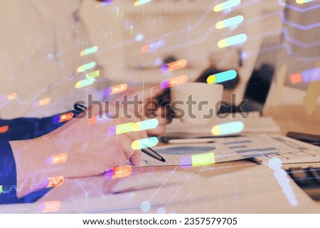Human's hands with data theme double exposure background drawings. Concept of big data.