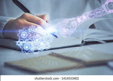 Human's hands with data theme multi exposure background drawings. Concept of innovation.