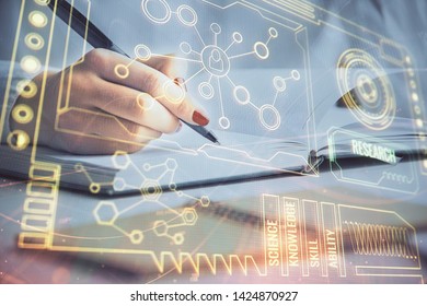 Human's hands with data theme multi exposure background drawings. Concept of innovation.