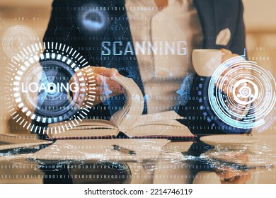 Human's hands with data theme multi exposure background drawings. Concept of innovation.