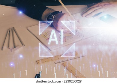 Human's hands with data theme multi exposure background drawings. Concept of innovation.
