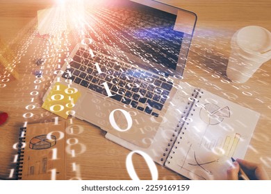 Human's hands with data theme multi exposure background drawings. Concept of innovation.