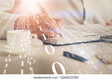 Human's hands with data theme multi exposure background drawings. Concept of innovation.
