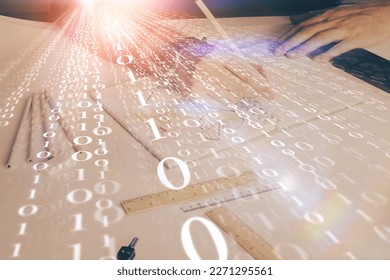 Human's hands with data theme multi exposure background drawings. Concept of innovation.