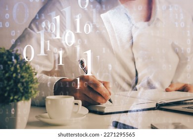 Human's hands with data theme multi exposure background drawings. Concept of innovation.