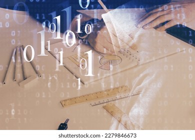 Human's hands with data theme multi exposure background drawings. Concept of innovation.
