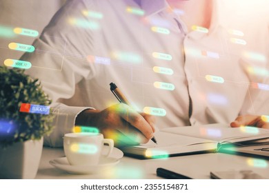 Human's hands with data theme multi exposure background drawings. Concept of innovation.
