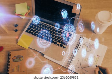 Human's hands with data theme multi exposure background drawings. Concept of innovation.