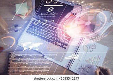 Human's hands with data theme multi exposure background drawings. Concept of innovation.
