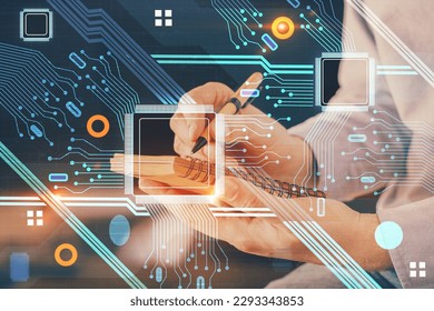 Human's hands with tech theme double exposure icons. Concept of big data.