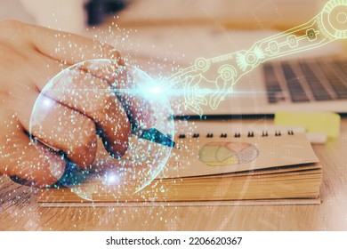 Human's Hands With Technology Theme Double Exposure Icons. Concept Of Big Data.