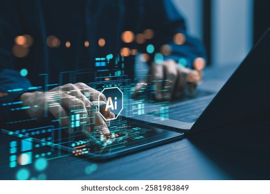 Humans are using laptops and computers to interact with AI, helping them create, code, train AI, or analyze big data with fast, cutting-edge  technology.