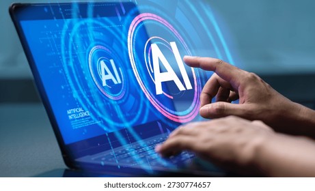 Humans are using laptops and computers to interact with AI, helping them create, code, train AI, or analyze big data with fast, cutting-edge technology.