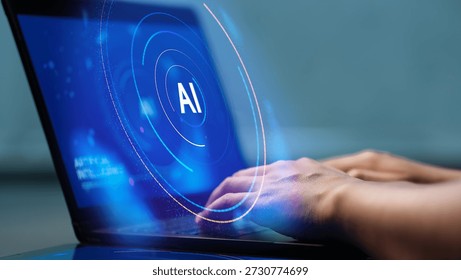 Humans are using laptops and computers to interact with AI, helping them create, code, train AI, or analyze big data with fast, cutting-edge technology.