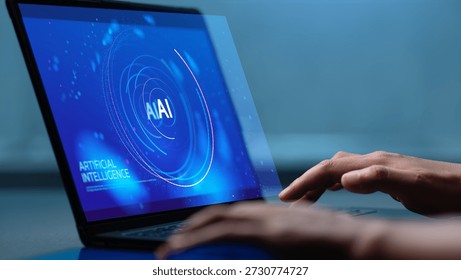 Humans are using laptops and computers to interact with AI, helping them create, code, train AI, or analyze big data with fast, cutting-edge technology.