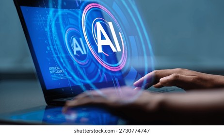 Humans are using laptops and computers to interact with AI, helping them create, code, train AI, or analyze big data with fast, cutting-edge technology.