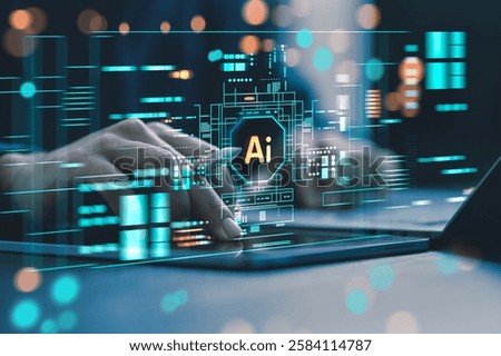 Humans are using laptops and computers to interact with AI, helping them create, code, train AI, or analyze big data with fast, cutting-edge technology.