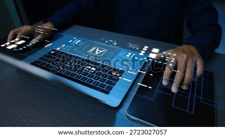 Humans are using laptops and computers to interact with AI and smart dashboards, enabling them to create, code, train AI, or analyze big datasets with fast and cutting-edge technology.
