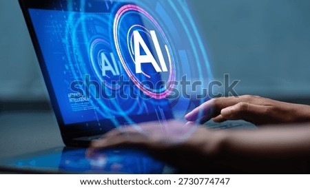 Humans are using laptops and computers to interact with AI, helping them create, code, train AI, or analyze big data with fast, cutting-edge technology.