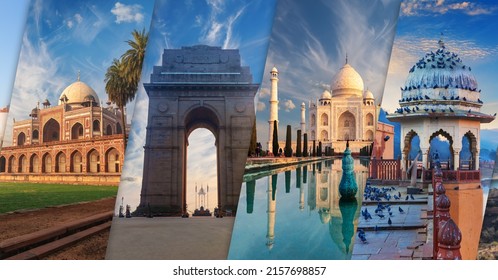 Humayun's Tomb, India Gate, Taj   Mahal and Amber Fort pavilion, most famous places of India in collage