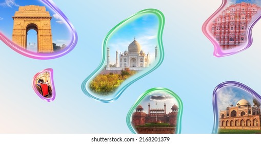 Humayun's Tomb, India Gate, Taj   Mahal and Red Fort in one collage of India