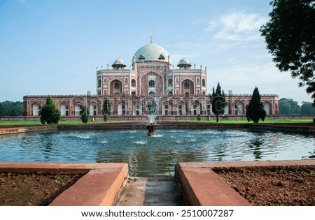 Humayun's tomb of Mughal Emperor Humayun designed by Persian architect Mirak Mirza Ghiyas in New Delhi, India. Tomb was commissioned by Wife of Humayun Empress Bega Begum in 1569-70.
