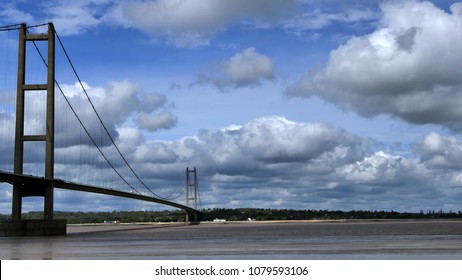 Humber Bridge viewed from the south side in Lincolnshire, England, Looking North to the East Riding of Yorkshire. 