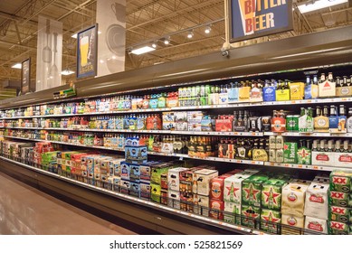 HUMBLE, TEXAS, US-NOV 29,2016: Various Bottles Of Craft, Microbrews, IPAs, Bitter, Ale, Wheat, Domestic And Imported Beer Styles From Around The World On Shelf Display In Store. Alcoholic Background.