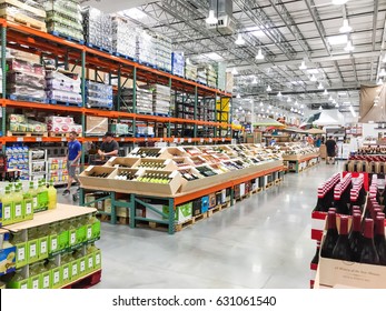 HUMBLE, TEXAS,US-APR 15, 2017:Aisle Of Bottles In Wine Section Of Costco Store. This Largest Wholesale Membership-only Warehouse Club In United States Known For Its Low-price Offers. Customer Shopping