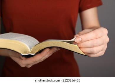 Humble Woman Reading Bible, Closeup. Religious Literature