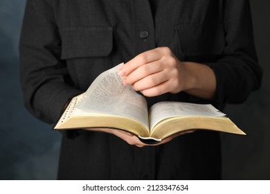 Humble Woman Reading Bible, Closeup. Religious Literature