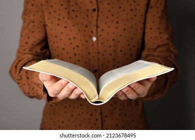 Humble Woman Reading Bible, Closeup. Religious Literature