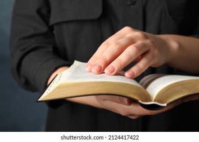 Humble Woman Reading Bible, Closeup. Religious Literature