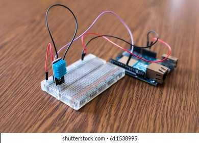 Humidity And Temperature Sensor Prototype At School For IoT Device. Weather Box IoT DIY In Education Campus