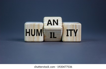 Humility Vs Humanity Symbol. Turned Cubes And Changed The Word 'humility' To 'humanity'. Beautiful Grey Table, Grey Background, Copy Space. Business And Humility Vs Humanity Concept.