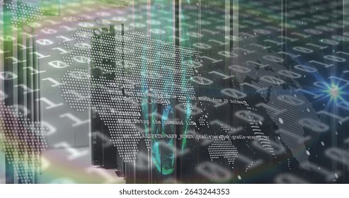 Humming server racks and Ethernet cables in server room, displaying binary data streams, world map. Technology, data center, digital infrastructure, futuristic, cybersecurity, connectivity, cloud