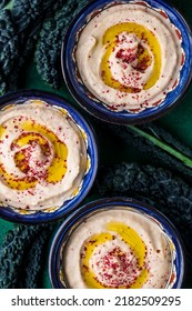 Hummus, ChHummus, Chickpea Dip, With Spices In A Plate. Top View. 